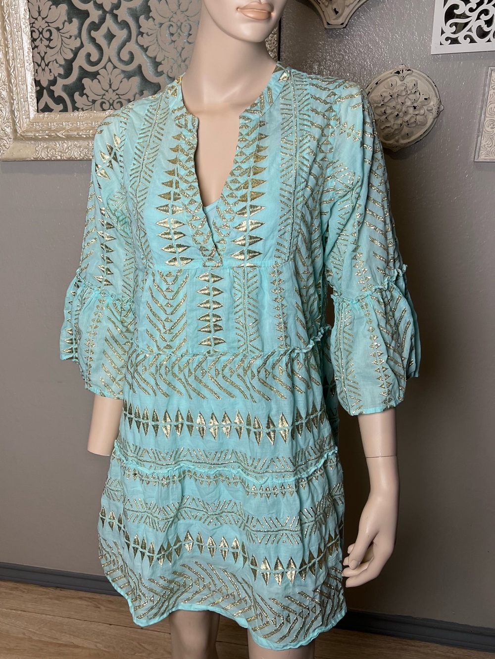 Boston Proper Light Aqua dress with Gold Metallic Embellishment - Picture 8 of 14